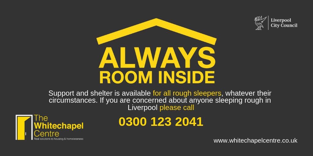 WhitechapelLiv's tweet photo. It’s going to be a chilly few nights, if you see anyone sleeping rough in Liverpool please call us anytime on 0300 123 2041 #AlwaysRoomInside #Liverpool #EndHomelessness @lpoolcouncil https://t.co/hLNjcyqP2J