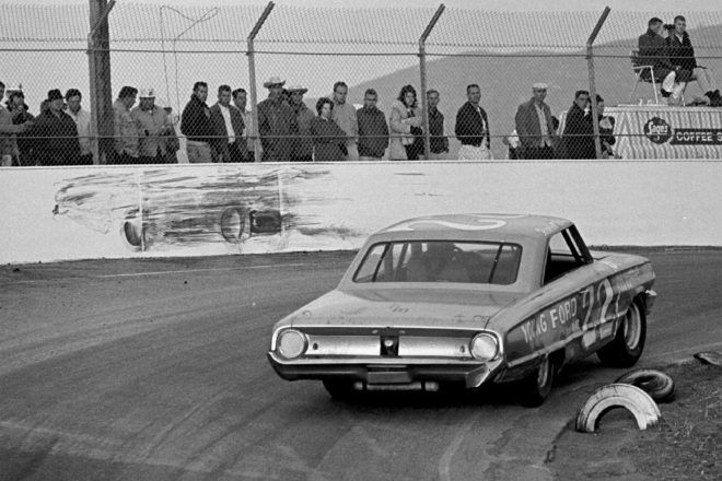 Basso488's tweet photo. 56 years ago today, Fireball Roberts on his way to a 3rd place finish in the 1964 Motor Trend 500 @ Riverside, the mark on the wall is where Weatherly crashed &amp; died. https://t.co/HOVtqRFLk2