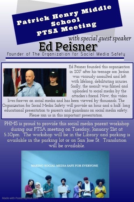 PHMSPatriots's tweet photo. Join us Tuesday 1/21 at our PTSA meeting. Ed Peisner, founder of Organization for Social Media Safety will join us for this important discussion. 
RSVP at
https://t.co/IOHZxBDlZJ https://t.co/Q8smq8qUrj