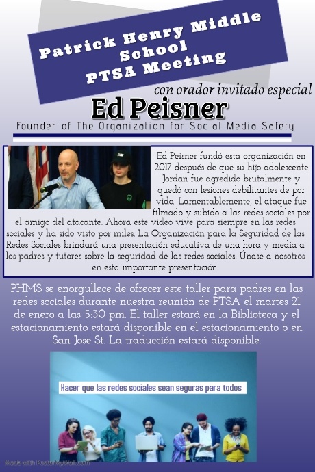 PHMSPatriots's tweet photo. Join us Tuesday 1/21 at our PTSA meeting. Ed Peisner, founder of Organization for Social Media Safety will join us for this important discussion. 
RSVP at
https://t.co/IOHZxBDlZJ https://t.co/Q8smq8qUrj