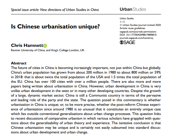 USJ_online's tweet photo. Hamnett considers the case of #PostReform Chinese #urbanisation in his latest Special Issue paper, arguing that it can't be subsumed into standard discussions about #UrbanChange https://t.co/jm9qA1m16F https://t.co/jLB2AtW47o