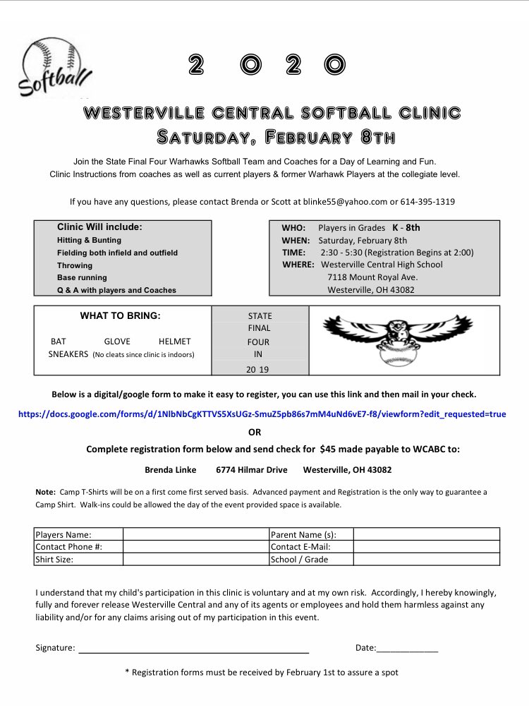 ChasityZuelzke's tweet photo. Still time to register for the 🥎 youth clinic that is opened to all K-8 grade on February 8th from 2:30-5:30pm! The @HawkieWchs look forward to hosting &amp; teaching the younger upcoming age group! Cost is $45.00,register online at https://t.co/sjG0lpKrzM @ChipLinkhorn @longbeard85 https://t.co/MR6B9V7Hxe