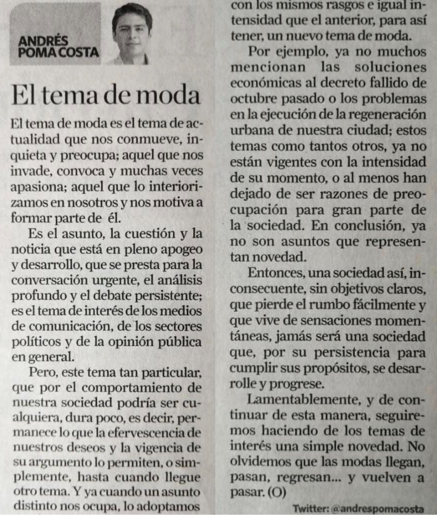 Todos los días, y de acuerdo a las circunstancias del momento, hay una noticia de interés. 

A continuación y gracias a <a href="/lahoraecuador/">La Hora Ecuador</a>, comparto mi #artículo de #opinión sobre el "tema de moda" que nos invade.