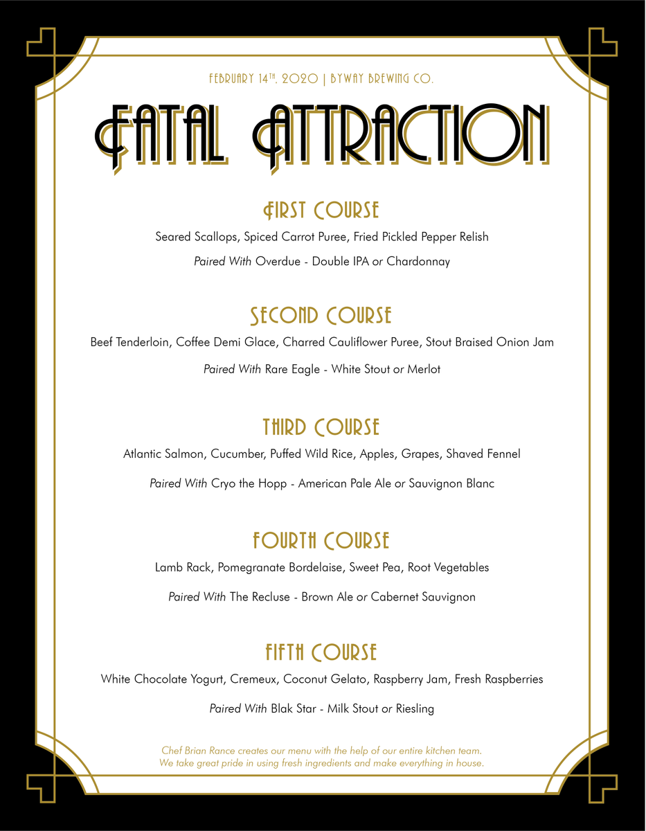 Join us for an exceptional 5-course #ValentinesDinner, where each course is perfectly paired with beer or wine, and prepared for your indulgence by Chef Brian Rance &amp; Team. 

exploretock.com/bywaybrewing/e…