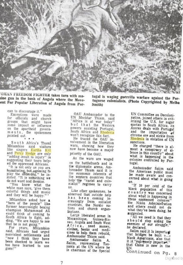 “South Africa’s Thami Mhlambiso said visitors like Eartha Kitt & Percy Sledge are only ‘adding insult to injury’ in suggesting their tours helped the oppressed Africans.” - The Afro-American (1972)