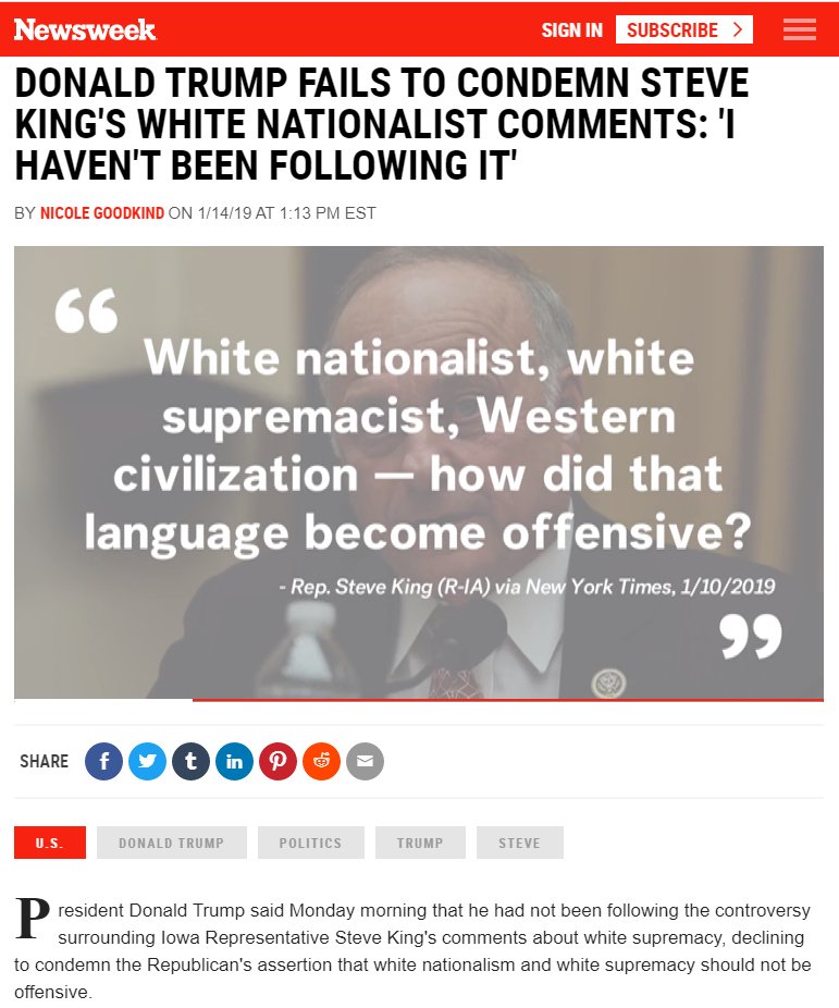 Is it not worth asking if Republicans are moving too far right when:Steve King's blatant white nationalism wasn't enough to earn Trump's or even most of his voters' unequivocal condemnation and loss of support?