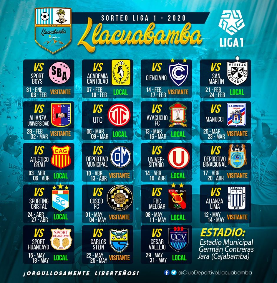 CDLlacuabamba's tweet photo. 🔵Atención Hinchas, Así quedó el fixture de la @Liga1Movistar 2020. Debutaremos frente al @SportBoys del Callao dicho encuentro se disputará en el Estadio Miguel Grau del Callao. https://t.co/Xef71HSNiJ