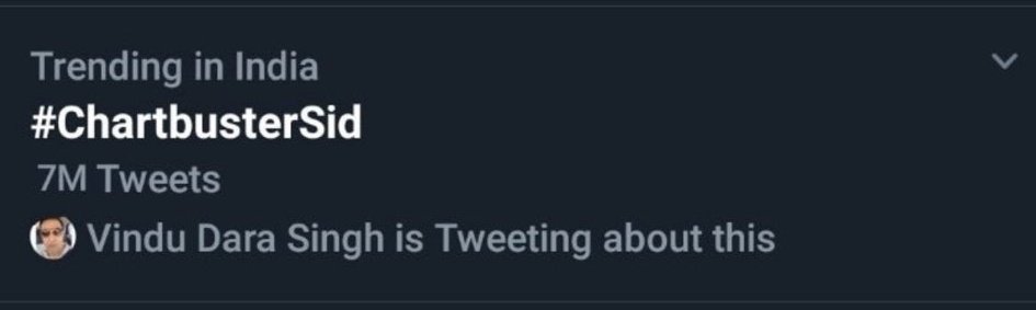 Shu6ham_'s tweet photo. FINALLY !!! Twitter is showing 7M tweets !!!

Biggest Trend in India ! Congratulations to each n everyone who took part in this trend ! 

I'm proud to be a part of this fandom ! BEST FANDOM EVER !

#ChartbusterSid

@BiggBoss @ColorsTV @HerdHUSH 
@RealVinduSingh @OrmaxMedia https://t.co/JYPXV2oRKP