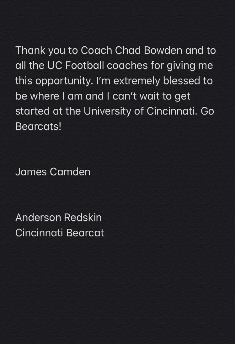 jmzcamden's tweet photo. Excited and blessed to announce my full commitment to playing football at the University of Cincinnati for @CoachFick. Thank you to all my friends and family who were apart of this journey. #GoCats #Workwins @CoachEvanDreyer @CoachTenuta @Marcus_Freeman1 @Mason_BM https://t.co/17RFWOfBh1