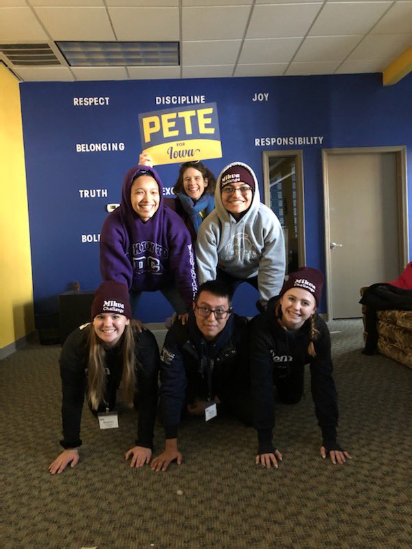 robyn_inDC's tweet photo. To finish off day, we made an impromptu visit to @PeteButtigieg campaign office. They were so welcoming, telling us each personally why they support Mayor Pete & even helped us complete 2 scavenger hunt tasks - barn sign & human pyramid! #van6 #MikvaInIowa @MikvaChallenge https://t.co/CsMauHN4vh