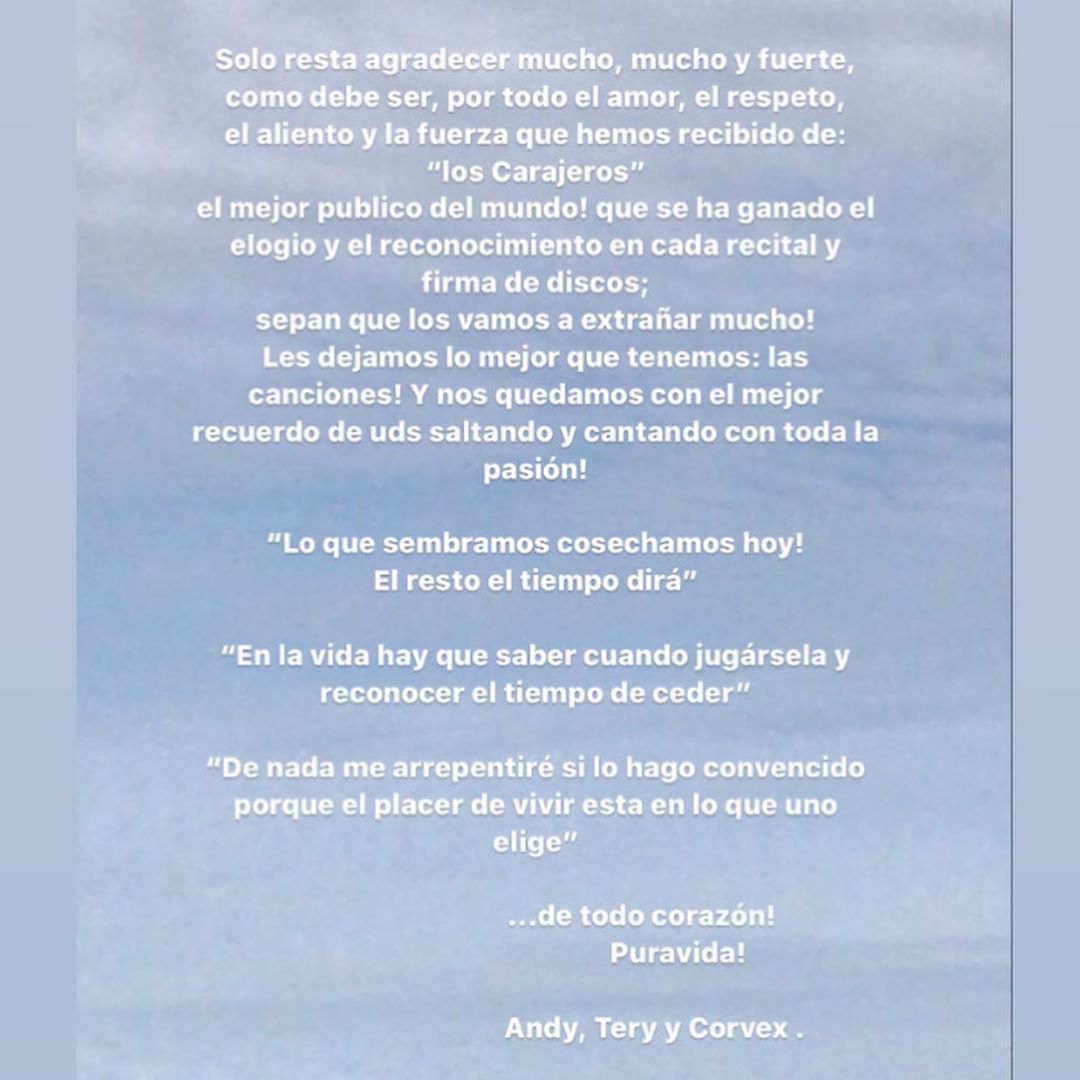 OndaRocking's tweet photo. #NEWS 💥 La banda @Carajoweb acaba de anunciar su separación y así se despidieron de todos sus fans a través de las redes😭
#Quepaso #Carajo #Adios
#OndaRocking 🤙🤘 https://t.co/TjENhibzD1