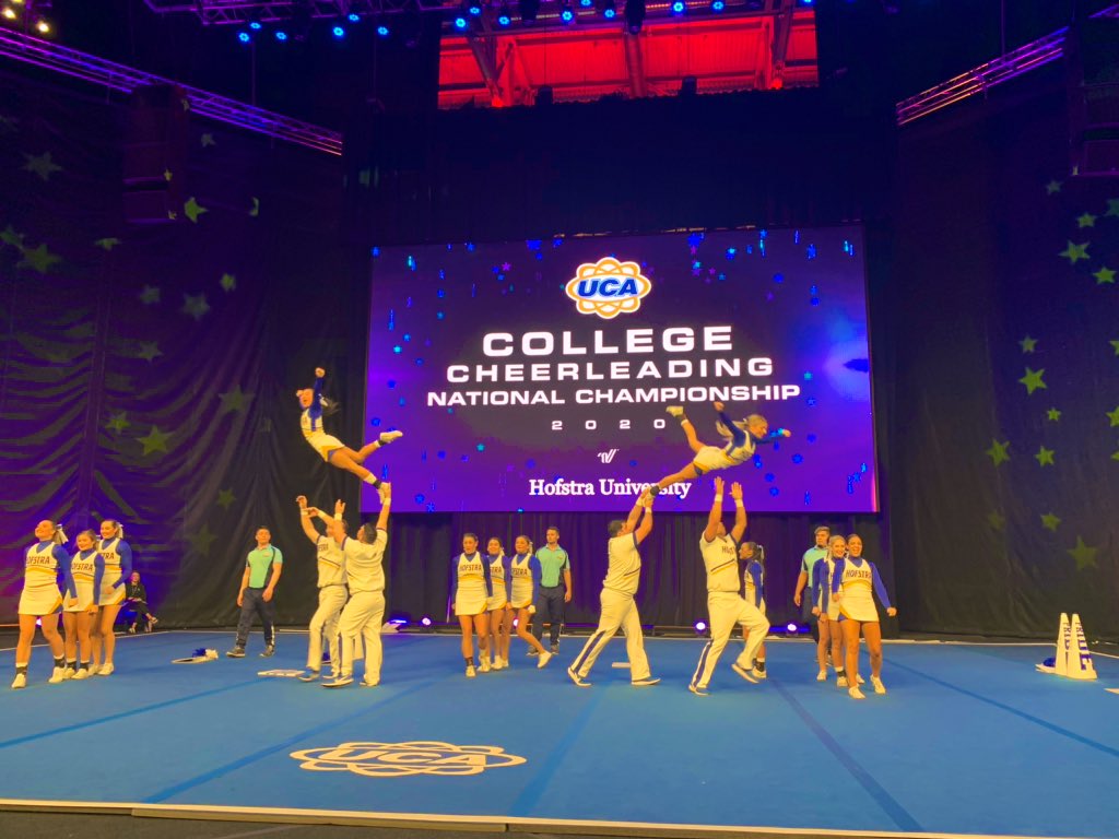 UCAupdates's tweet photo. We are having a BALL(State) watching all of the Small Coed Division I finalist show their school (Hofstra)PRIDE!✨📣 @HofstraCheer @BallStateCheer #UCAnationals https://t.co/aZiTJIAuGJ