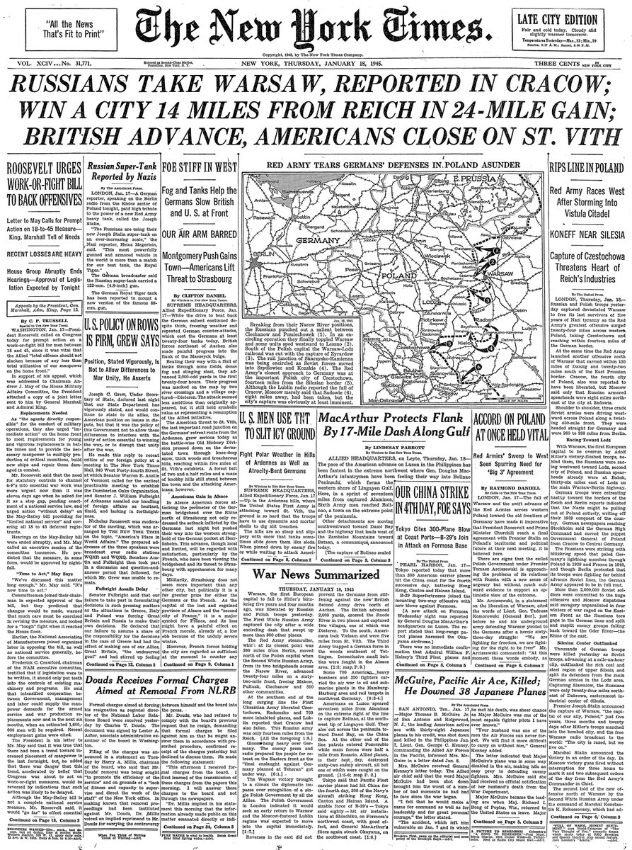 Jan. 18, 1945: Russians Take Warsaw, Reported in Cracow; Win a City 14 Miles From Reich in 24-Mile Gain; British Advance, Americans Close on St. Vith  https://nyti.ms/2FzQLSm 