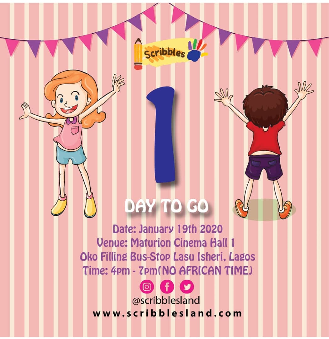 Scribblesland's tweet photo. #SCRIBBLES 🖐️ is 1 day to Go

Let's switch to Kiddies Edutainment Mode
- Jan 19th 2020
@ Maturion Cinema

#SCRIBBLES🖐️ #educational
#education #learning #learningplatform #engagekids #screentime #Kids #Edutainment #kidslearn #MaturionCinema  #childrensshow #kiddies  #showsinlagos https://t.co/H2D29a6tnH