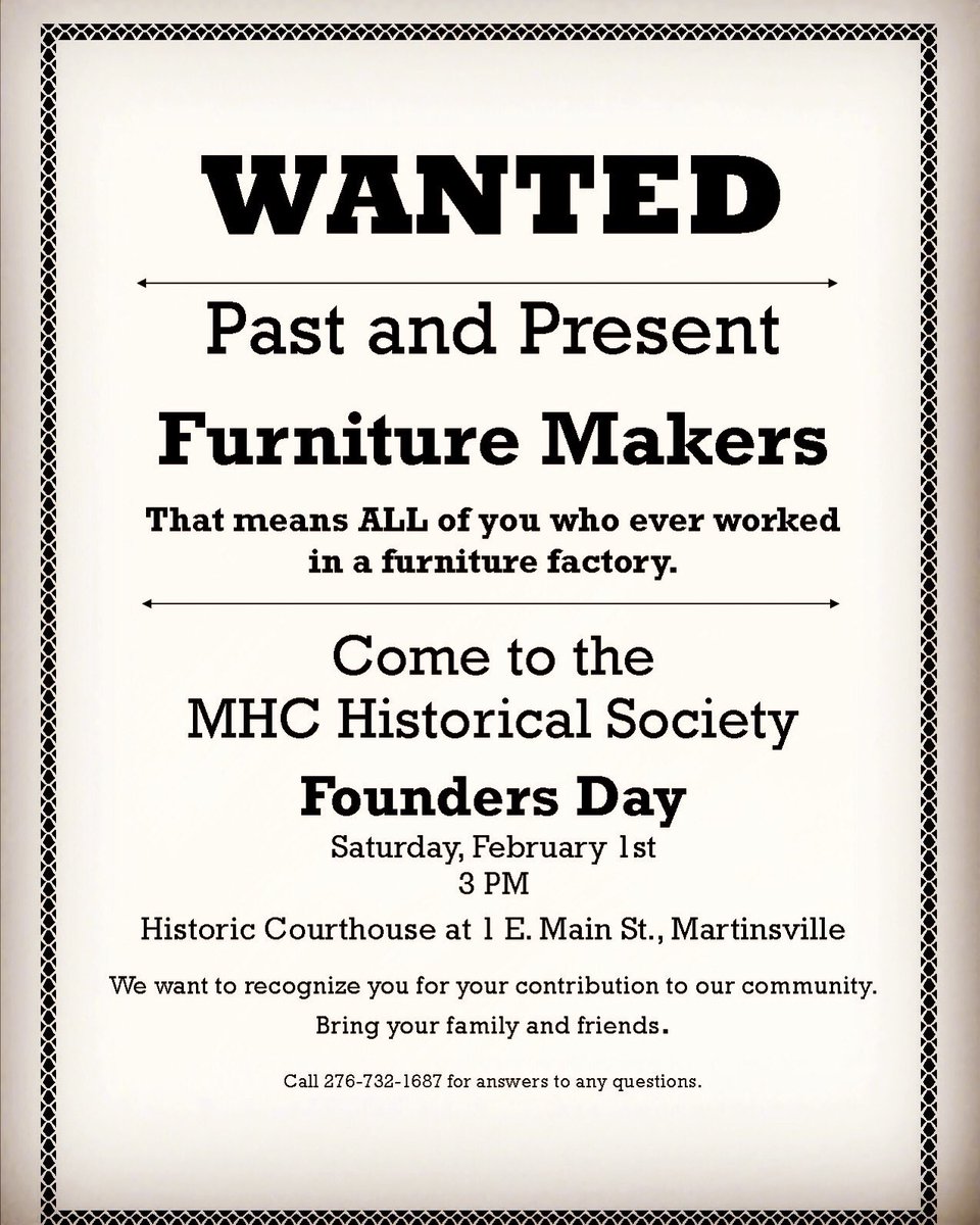MHC_Historical's tweet photo. Join us on Saturday, February 1st for our Annual Founders Day! This years event will honor those that have worked in the local furniture industry. #history https://t.co/L4olR3tgEq
