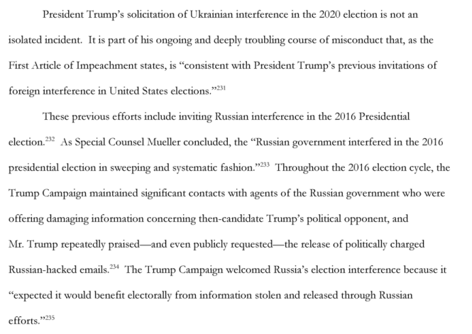 charlie_savage's tweet photo. Interesting to see Mueller/Russia investigation cited in the House brief after House opted not to impeach over that stuff. Argues a pattern: Asking Russia to hack Clinton is like pressuring Ukraine to label Biden a crook. Obstructing Mueller is like obstructing House inquiry. https://t.co/hHOiJspDqq