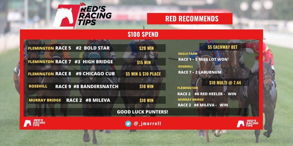 _jmorrell's tweet image. 🔴🐎Red Recommends | Results 

✅ Bold Star - Return $56
✅ High Bridge - Return $46.50
❌Chicago Cub 
✅Bandersnatch - Return $27
✅Mileva - Return $17

✅Multi - Return $74.40

Spend $100
Return $ 220.90 👍

*all odds based on final sportsbet odds.