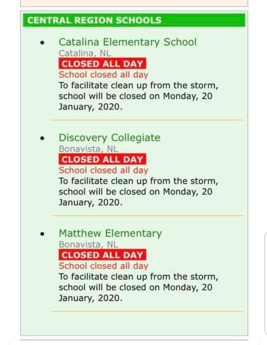 As ongoing clean up after the storm takes place over the next few days please check with groups and organizations about openings /scheduling. Received notification that schools in the area will be closed on Monday. Some church services will not be held tm, Sunday.