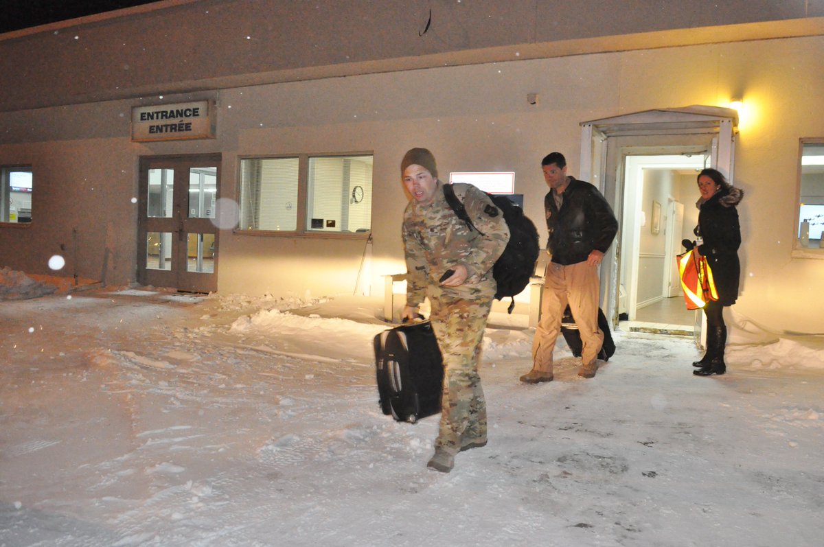 Three American military planes landed at Stephenville airport this evening and the 120 soldiers aboard are being housed for the night in hotels in the town. Here, several of the soldiers are seen heading to an awaiting minivan. Their destination, St. John's airport, was closed.