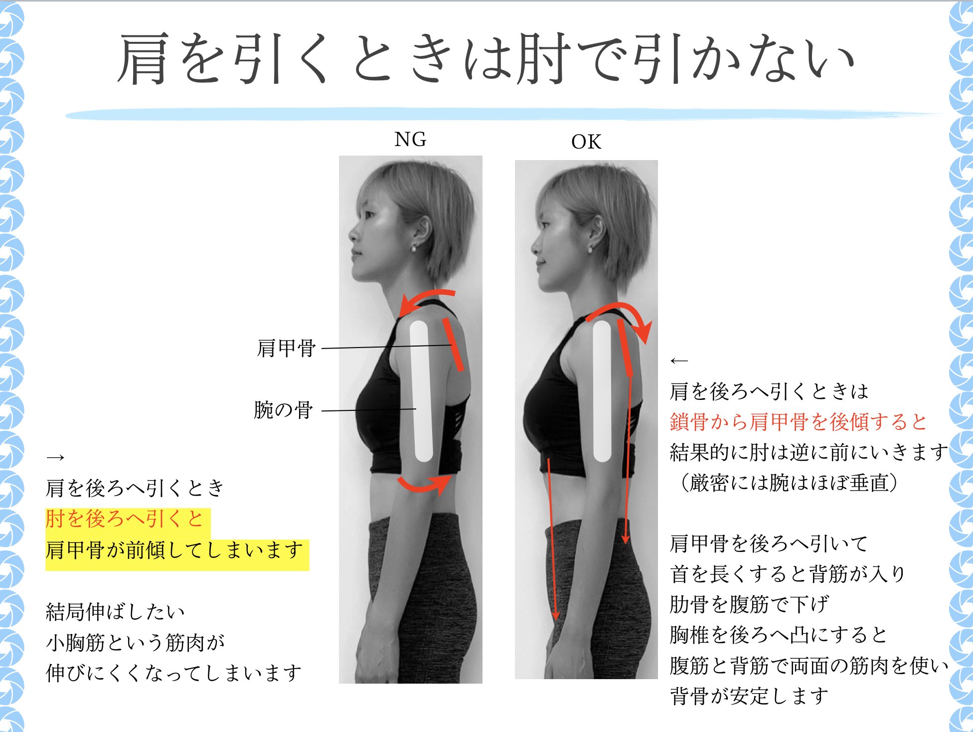 Hiromi Personal Trainer 巻き肩 肩が前にいきやすい人へ 肩甲骨の位置を整えるときは 鎖骨から後傾 するイメージを 間違えやすいのは肘を引くこと 肘を引くと肩甲骨は前傾しやすい 胸を張る間違いも多い 胸椎は後ろへ凸のまま 自然と腹筋と背筋を Hiromi Personal Trainer 巻き肩 肩が前にいきやすい人へ 肩甲骨の位置を整えるときは 鎖骨から後傾 するイメージを 間違えやすいのは肘を引くこと 肘を引くと肩甲骨は前傾しやすい 胸を張る間違いも多い 胸椎は後ろへ凸のまま 自然と腹筋と背筋を