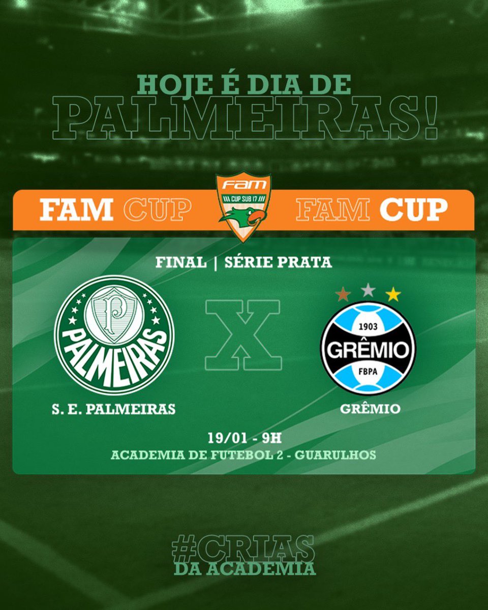 Palmeiras's tweet photo. Amanhã tem final da #FAMCup!
Com transmissão ao vivo pelo nosso Facebook e TV Palmeiras/FAM 🎥
Bora apoiar as nossas #CriasDaAcademia 💪

#AvantiPalestra https://t.co/KQRw3tWX6a