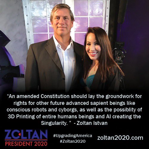 zoltan_istvan's tweet photo. To avert future civil rights issues, politicians should start looking ahead and embrace the discussion of future cyborg rights (Picture of me when I was on Playboy TV w/ host discussing #transhumanism). #UpgradingAmerica #Zoltan2020 https://t.co/aVLyozRGEW