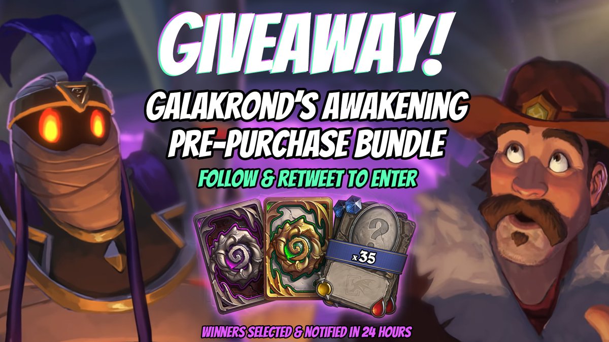 RegisKillbin's tweet image. You'll never believe this, but Blizzard gave me some Galakrond's Awakening pre-purchase bundles to give away! 

I'm giving away 3 on Twitter right here, and 7 more on stream over the next couple days! 

Follow and Retweet to enter, winners selected in 24 hours!