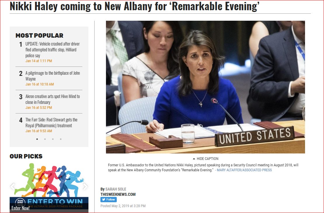 Nikki Haley! https://www.thisweeknews.com/news/20190502/nikki-haley-coming-to-new-albany-for-remarkable-evening