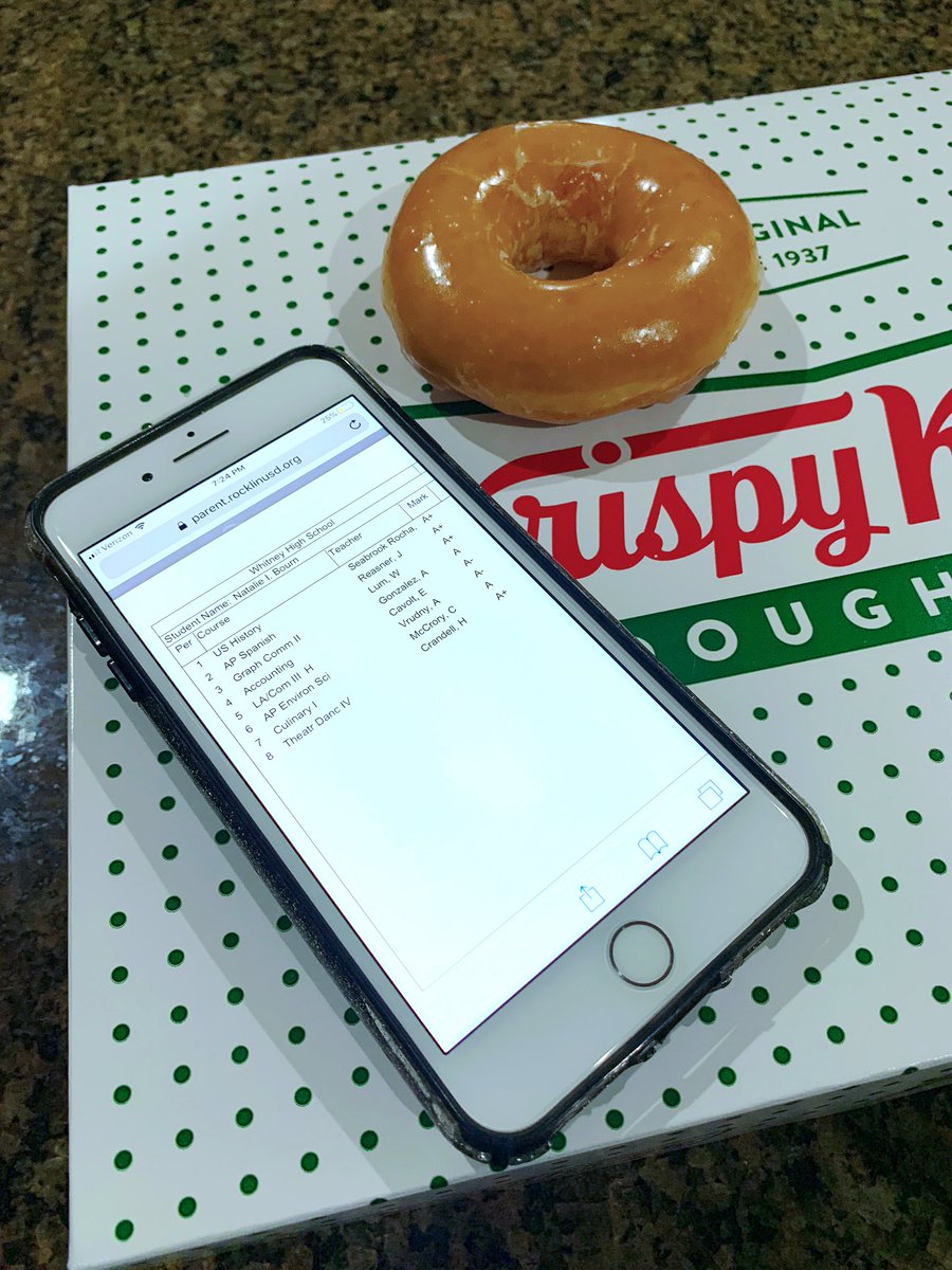Krispy Kreme gives free donuts for As! I come home and @brianbourn says “Jasmines is still better”.... yes, however Jasmines doesn’t give you free donuts for crying in a Panera booth 🍩💪