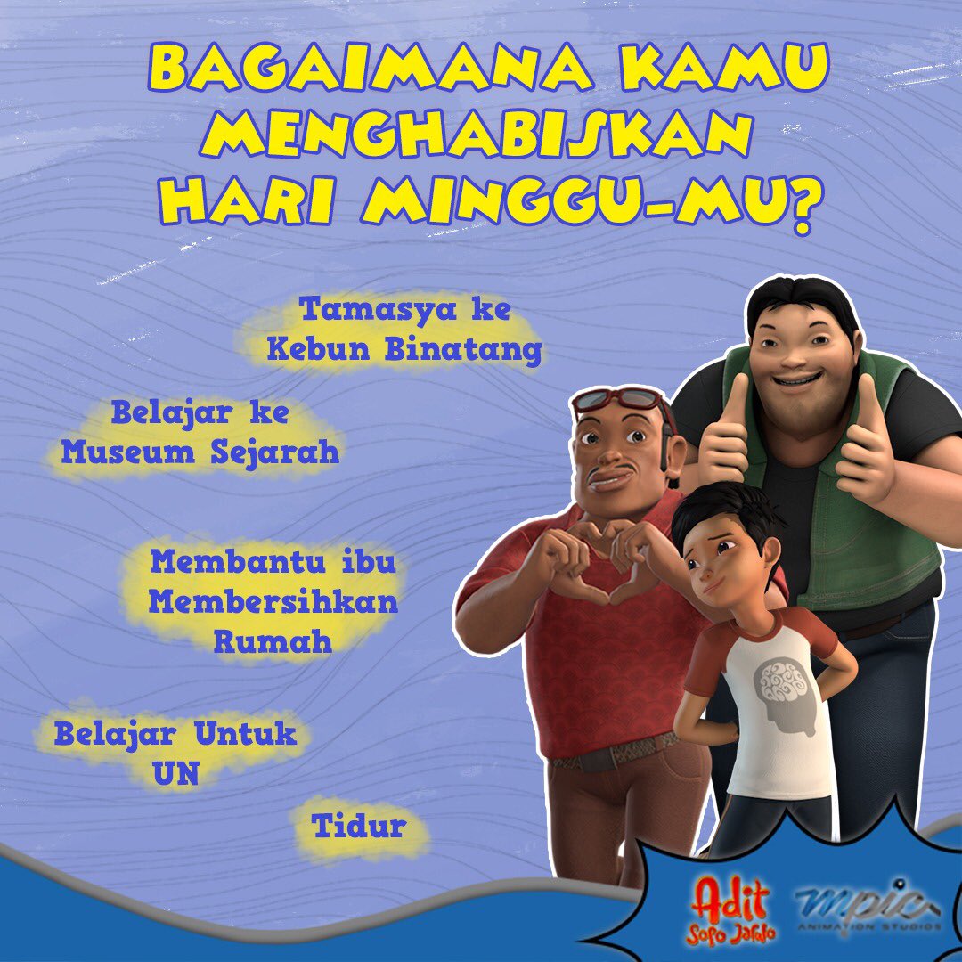mpicanimation's tweet photo. Selamat hari Minggu, teman-teman! Gimana, nih, kamu menghabiskan akhir pekanmu? 😁

Saksikan #AditSopoJarwo setiap Senin - Jumat, jam 16.00 WIB hanya di @Official_MNCTV!

#ASJ #AditSopoJarwoTheMovie #MPICAnimation #SerialAnimasi https://t.co/e89ZpwXgHD