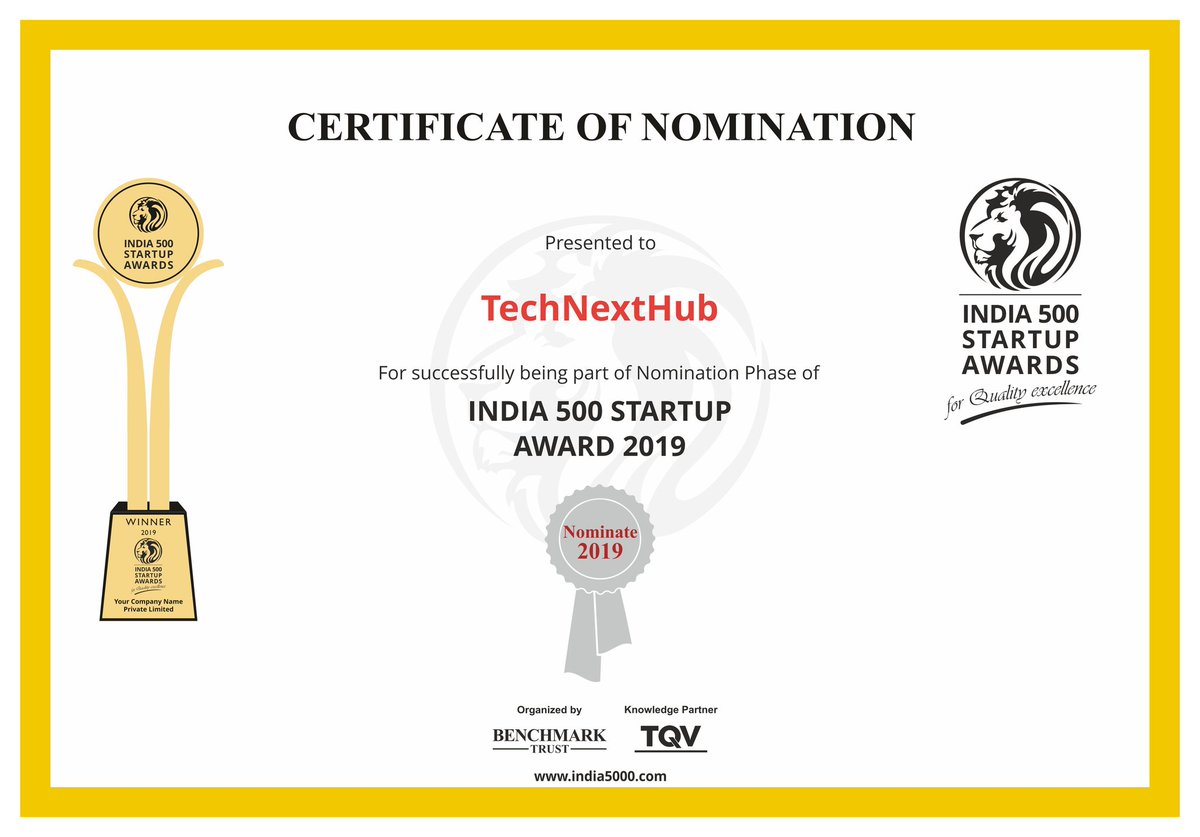 TechNextHub's tweet photo. We are happy to share with you all that our company TechNextHub has been recognized and nominated for India500 startup awards 2019 on a national level organized by Benchmark Trust and knowledge partner TQV.
#nomination #technexthub #award2019 #india500 #startupindia #statup #Goal https://t.co/CbQjCTl0BN