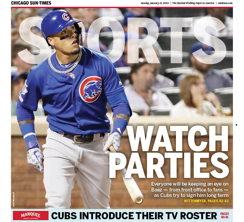 The @suntimes_sports cover, featuring, #Cubs shortstop Javy Baez, whom the team is trying to lock up with a long-term deal, by @GDubCub - https://bit.ly/2RyZEBr