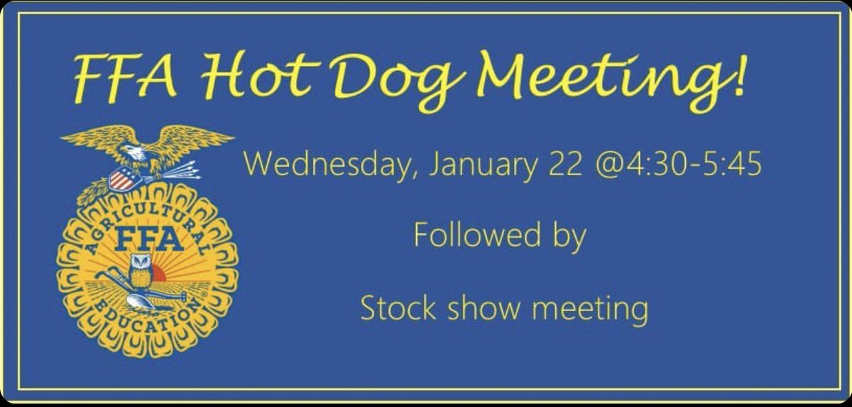 burbank_ffa's tweet photo. Join us January 22nd for our monthly FFA meeting. Followed by San Antonio Rodeo Stock Show meeting. We’re excited for everything coming up this semester as we kick off our 1st FFA meeting of the year. Join us as we will be having hotdogs.Bring a friend!! Hope to see y’all there!! https://t.co/fsXL9Egwqi