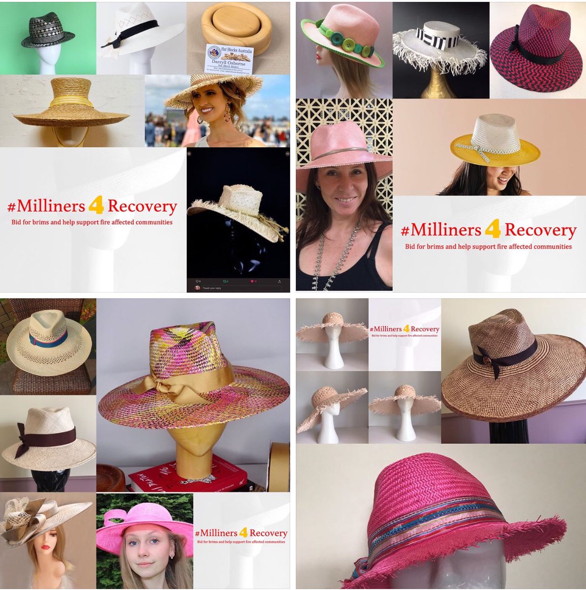 MillinerJo's tweet photo. Please share my tweet to get the word out in Twitter-land. Checkout #milliners4recovery &amp; bid on your favourite summer hat at our auction to help bushfire ravaged communities. Here’s a few of the hats on offer. 
#bushfires #FundGippsland #RedCrossAU #blazeaid #millineryaustralia https://t.co/lLBHP38FZP