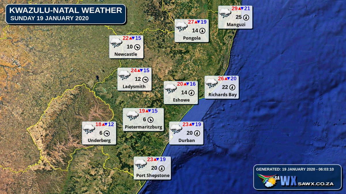 afriwx's tweet photo. 🇿🇦 𝙆𝙬𝙖𝙯𝙪𝙡𝙪-𝙉𝙖𝙩𝙖𝙡 Today's Weather Outlook (Sunday 19 January 2020) - 🌞 🇿🇦 Weather @ https://t.co/v7nzukUAo4 #Meteogram #WXCharts #SAWX #Durban #Hillcrest #Pietermaritzburg #Newcastle #Underberg #KZN https://t.co/jUCbns3Uue