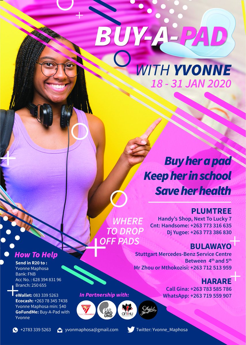 ❤️Buy-A-Pad with Yvonne❤️

For my birthday (23 Jan), I'm  working towards raising funds to purchase sanitary pads for the disadvantaged Zimbabwean girl.

The campaign will run from 18 - 31 January.

More details are on the attached poster.

GoFundMe👇
gofundme.com/f/mfarq-buyapa…
