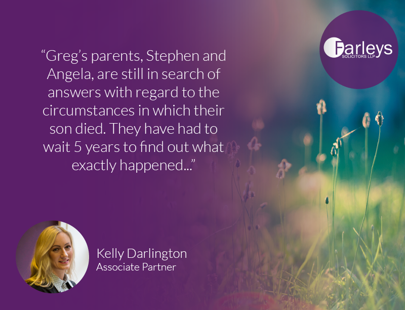 The Inquest into the death of Greg Roult will begin tomorrow at Preston Coroner’s Court. Greg's family have had to wait 5 years for answers. They will be represented by Farleys' <a href="/KellyDarl1/">Kelly Louise Darlington</a> and Simon Murray of <a href="/SJBnews/">St John's Buildings</a>. Read more here: bit.ly/2TzIwxO