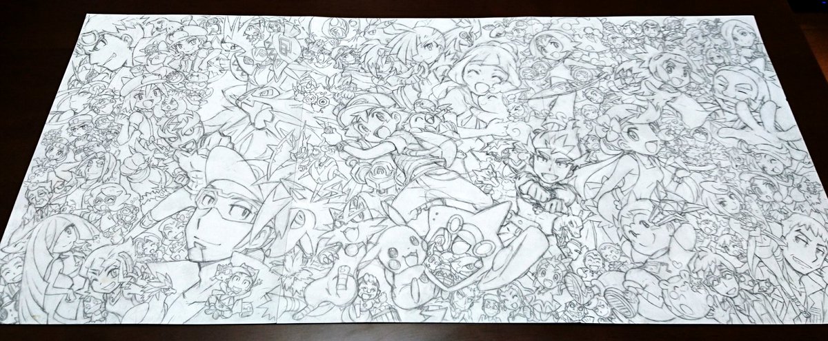 工程①
・全部で何キャラいるか書き出して配置考えながらラフ
・鉛筆
・下描き完成(ここまでアナログ)
・撮って線画抽出してペン入れ 