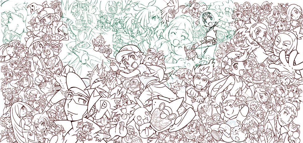 工程①
・全部で何キャラいるか書き出して配置考えながらラフ
・鉛筆
・下描き完成(ここまでアナログ)
・撮って線画抽出してペン入れ 