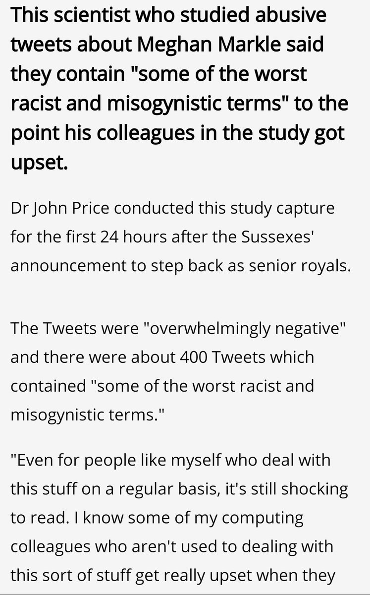 Exhibit 26:  #TwitterRacismMisogynyGateJournalism lecturer Dr John Price, whilst studying the immediate Twitterati response to the Sussex's announcement to step back found the some of the worst racism and misogyny he'd ever seen on this platform.  https://amp.lbc.co.uk/radio/presenters/shelagh-fogarty/tweets-of-abuse-against-meghan-markle-are-unreadab