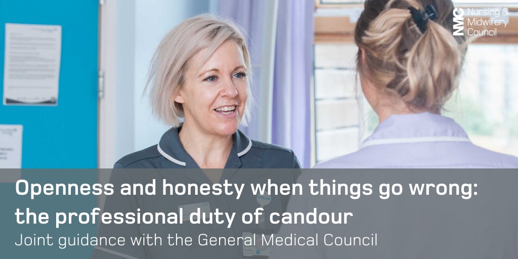 Being open and honest is the responsibility of every health care professional. 

Our guidance provides helpful advice on what to do when things go wrong and the responsibility you have to the people in your care. 

Read it now ➡ nmc.org.uk/standards/guid…