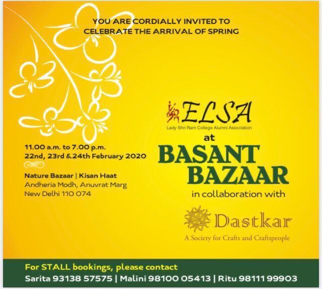 LSRELSA's tweet photo. ELSA is Back with the 2nd edition of Basant Bazaar to showcase your work/products #womenentrepreneurship contact asap-limited stalls; join cultural activities planned over 3 days @LSRDU @MirrorNow @sheroes @UN_Women @DelhiUniversity @FICCIFLO @meditatingmuse @VinitaNangia https://t.co/9TYfNInZZH