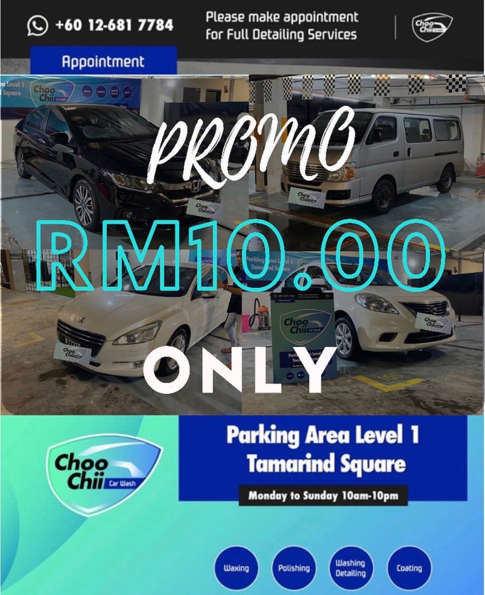 Twt_Cyberjaya's tweet photo. Choo Chii Car Wash baru dibuka di parking area Level 1, Tamarind Square. 

Sekarang ada promo sehingga 15 Februari 2020. Harga promo RM10 untuk cucian luar dan dalam (termasuk vacuum). Cuci motor RM5. https://t.co/gSnGVdKHIY