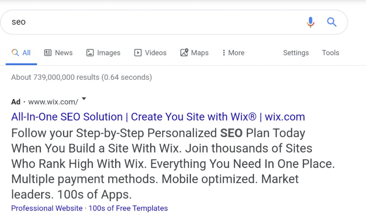 Someone I casually met had been researching the topic of SEO. I did think it was a bit odd when they started talking about #Wix being the 'best' platform, but didn't give it too much thought.
That was until I found this shockingly misleading paid Google Ad. 👇