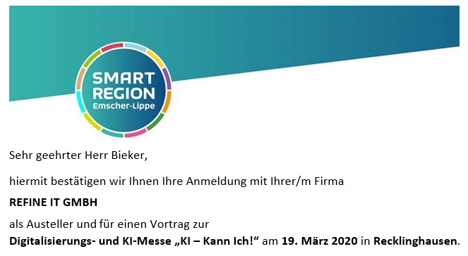 REFINE IT GmbH (@refine_it) on Twitter photo Als Aussteller mit Vortrag bestätigt! Die von <a href="/a_pinkwart/">Andreas Pinkwart</a> unterstützte #Digitalisierung und #KI-Messe "KI-Kann Ich!" am 19.03.20 in #Recklinghausen verknüpft Institutionen, starke Anbieter und Unternehmen aus Emscher-Lippe/#ruhrgebiet. Dabei sein! <a href="/StadtRE/">Stadt Recklinghausen</a> @connect_emlippe Als Aussteller mit Vortrag bestätigt! Die von <a href="/a_pinkwart/">Andreas Pinkwart</a> unterstützte #Digitalisierung und #KI-Messe "KI-Kann Ich!" am 19.03.20 in #Recklinghausen verknüpft Institutionen, starke Anbieter und Unternehmen aus Emscher-Lippe/#ruhrgebiet. Dabei sein! <a href="/StadtRE/">Stadt Recklinghausen</a> @connect_emlippe
