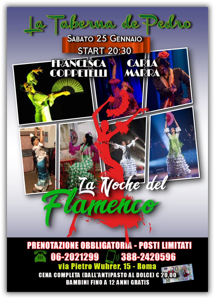 TabernadePedro's tweet photo. Sabato 25 Gennaio ore 20:30, per la prima volta alla Taberna: Francesca e Carla con "La Noche del Flamenco". Cena completa (dall'antipasto al dolce bevande comprese € 20 a persona e i vostri bambini fino a 12 anni saranno nostri ospiti) Prenotazione Obbligatoria anche on-line https://t.co/LzC68OZhGV