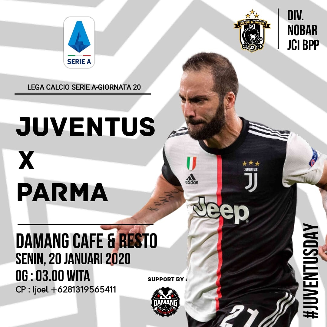 Nonbar JCI Chapter Balikpapan

SERIE A 

Juventus 🆚 Parma
🗓 Senin, 20 Januari 2020
🕓 OG : 03:00 WITA
📍 Damang Cafe &amp; Resto Balikpapan Baru
💵 By Order
☎ 081319565411