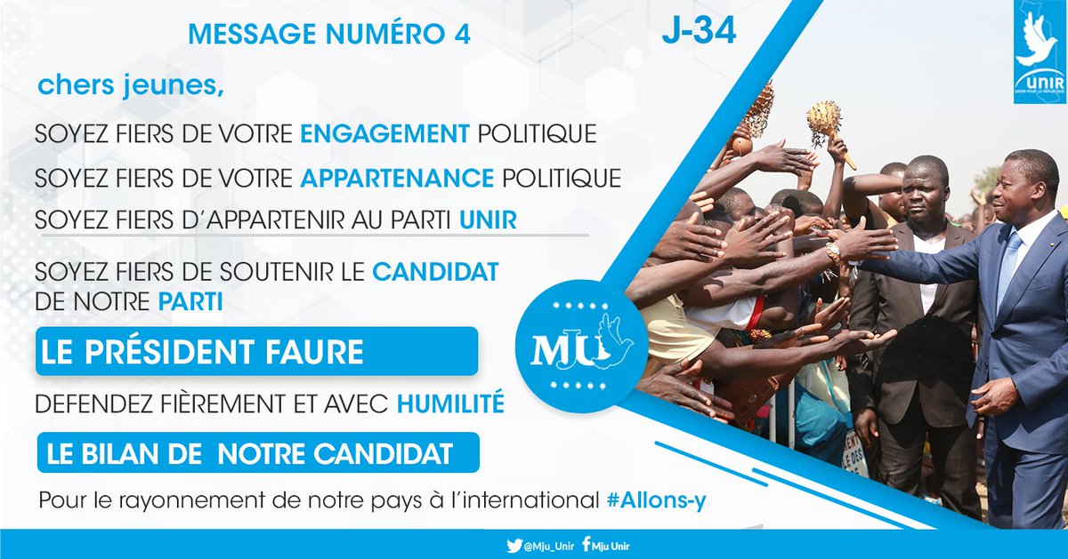 Mju_Unir's tweet photo. Message numéro 4 du #MJU à j-34 de l’élection présidentielle du 22 février. Chers jeunes soyez fiers de votre appartenance au grand parti #UNIR
#PRTG20 #Allonsy #Mivamidjo #DWolowaaa https://t.co/uGVjupcxqn