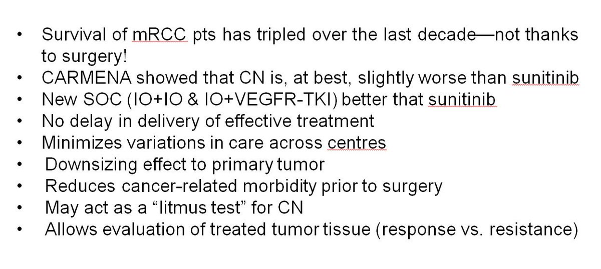 Uroweb's tweet photo. Where do we stand with cytoreductive nephrectomy (CN) in 2020? @GGiannarini:
- Survival of mRCC pts has tripled over the last decade, not thanks to surgery
- CARMENA showed that CN is, at best, slightly worse than sunitinib
#esou20 More 👇 https://t.co/6FL3Tqu23C