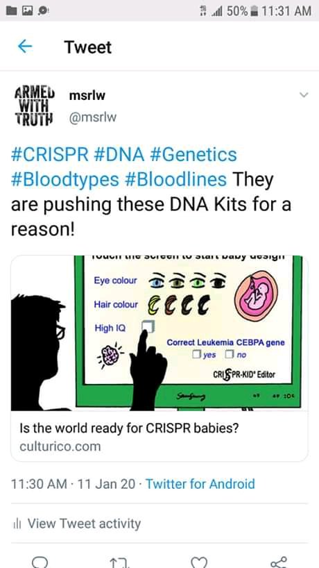 msrlw's tweet photo. They're VERY interested in #DNA, #genetics, #bloodlines, etc. I know from personal experience! I hv bn #TargetedSinceBirth &amp; generationally bc of my rare #DNA! Various things that hv happened to #RhesusNegative bloodtypes has to do w/#CRISPR Experimentation! #TargetedIndividuals https://t.co/bOTDRgRBM9
